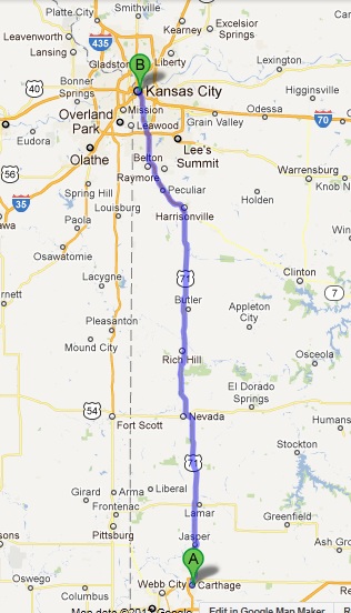 The second leg of today's journey. Carthage, MO to Kansas City, MO.