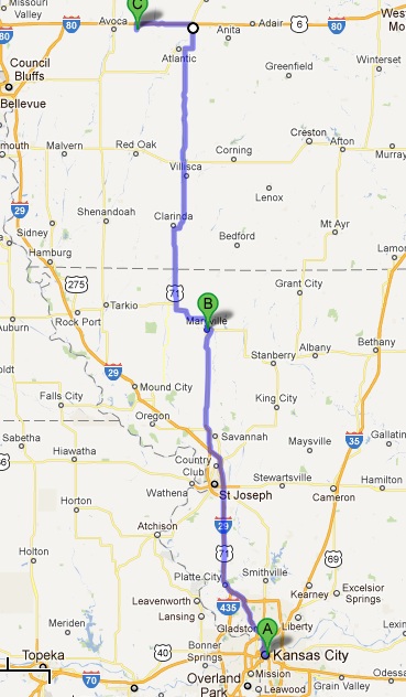 The third leg of today's journey. Kansas City, MO to Walnut, IA.