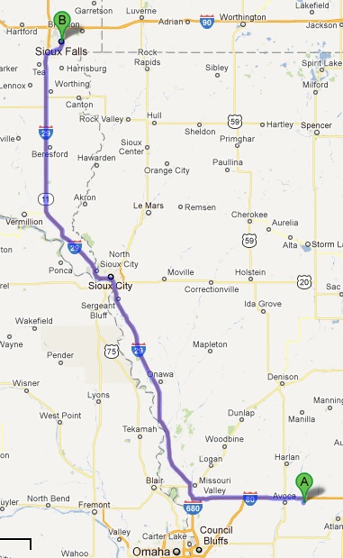 The final leg of today's journey. Walnut, IA TO Sioux Falls, SD.