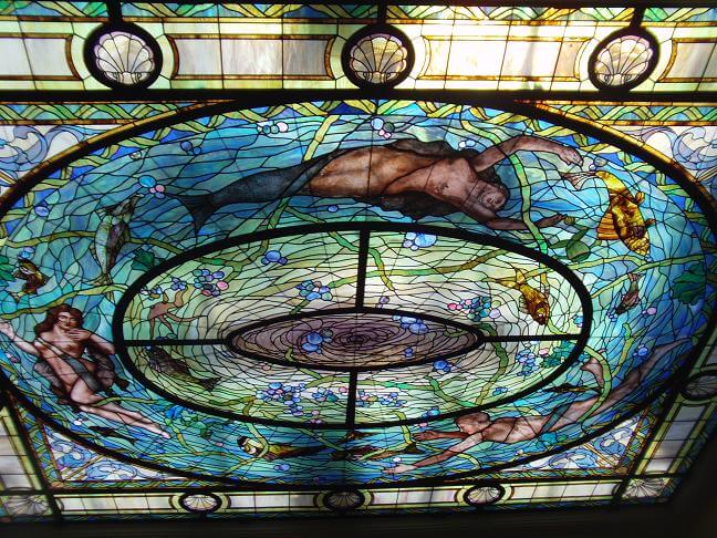 The stained-glass skylight in the men's locker room..