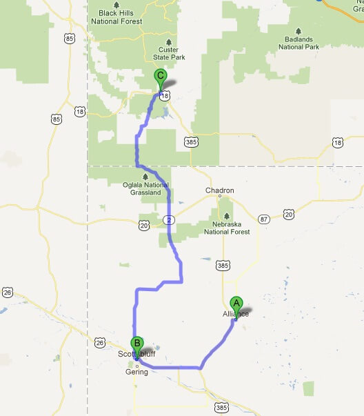 The second leg of the day's journey. Alliance, NE to Scottsbluff, NE to Hot Springs, SD
