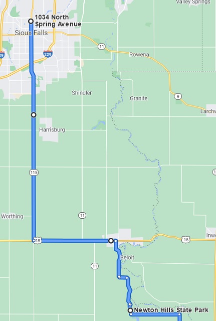 Map of Sioux Falls, SD to Newton Hills State Park