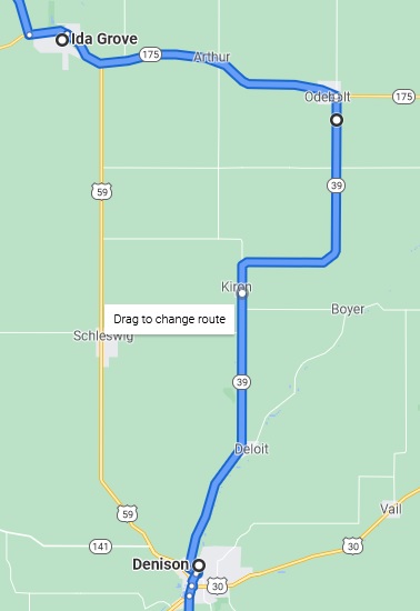 Map of the actual route I took from Ida Grove, IA to Denison, IA