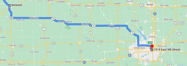 Map of Denison, IA to Des Moines, IA