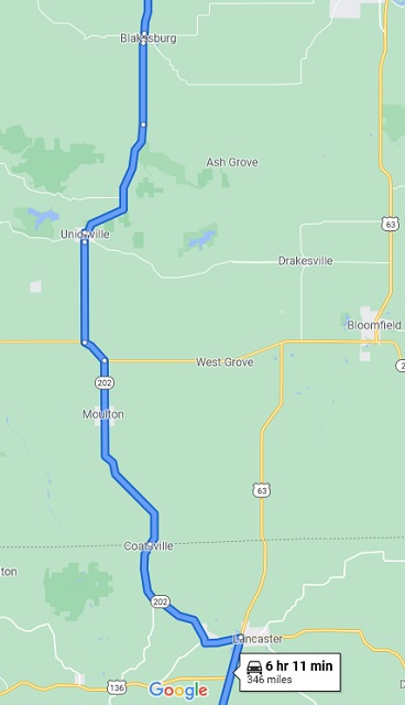 Map of Blakesburg, IA to Lancaster, MO