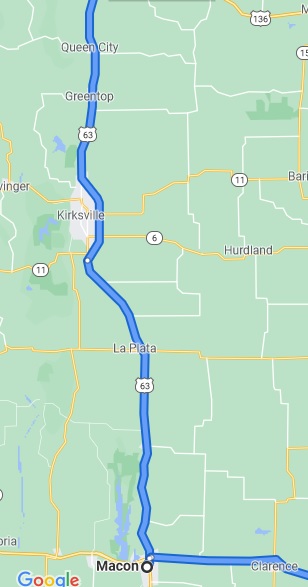 Map of Lancaster, MO to Macon, MO