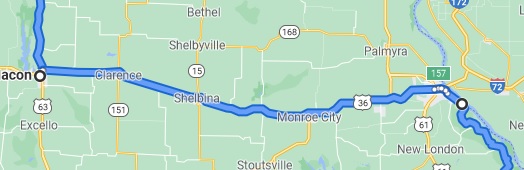 Map of Macon, MO to Hannibal, MO