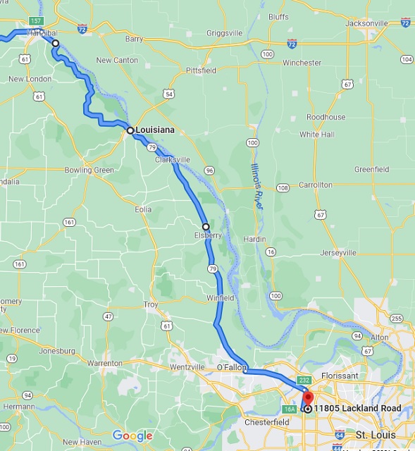 Map of Hannibal, MO to St. Louis, MO