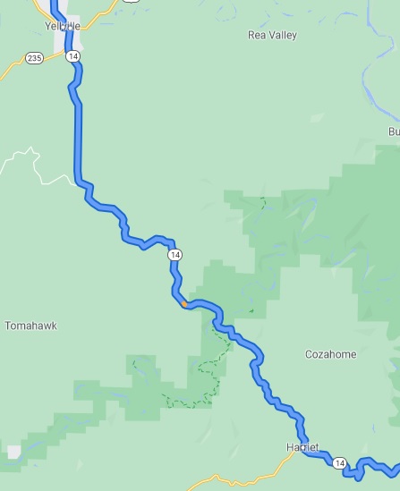Map of Harriet, AR to Yellville, AR