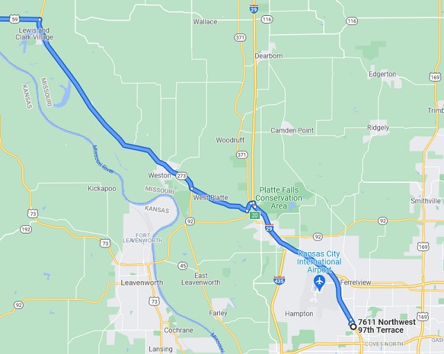 Map of Kansas City, MO to Lewis and Clark Village, MO