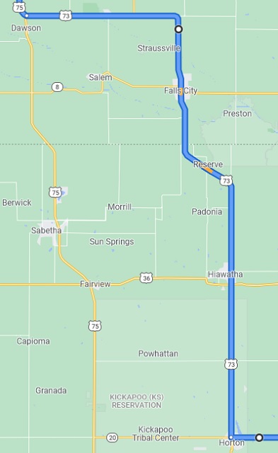 My actual route from Horton, KS to Dawson, NE
