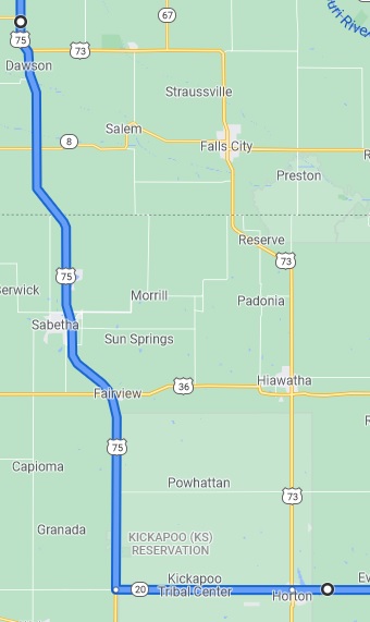 My intended route from Horton, KS to Dawson, NE