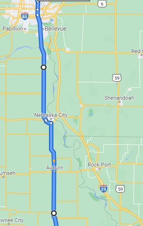 Map of Dawson, NE to Omaha, NE