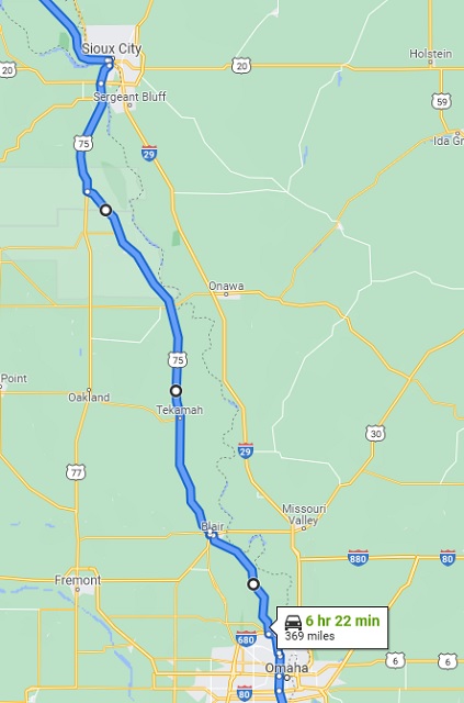 Map of Omaha, NE to Sioux City, IA