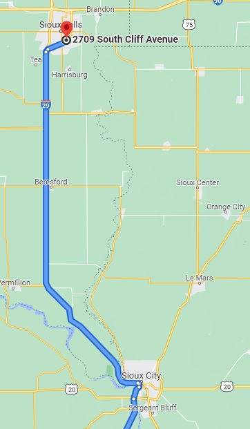Map of Sioux City, IA to Sioux Falls, SD