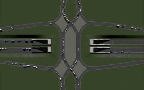 An animated example of a diverging diamond intersection.