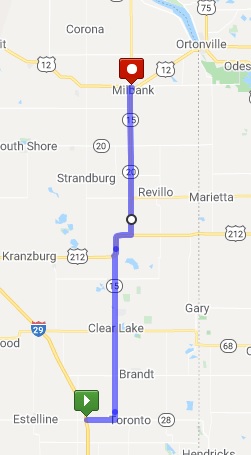 A map of my route from I-29 to Milbank, SD.