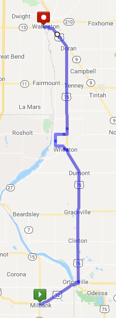 A map of my route from Milbank, SD to Wahpeton, ND.