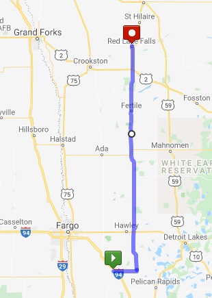 A map of my route from Barnesville, MN to Red Lake Falls, MN.