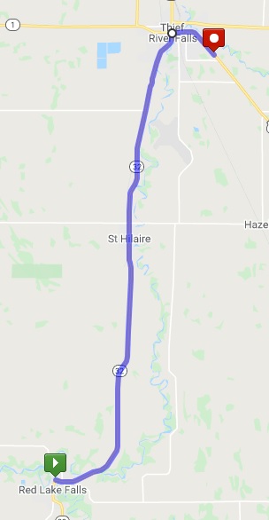 A map of my route from Red Lake Falls, MN to Thief River Falls, MN