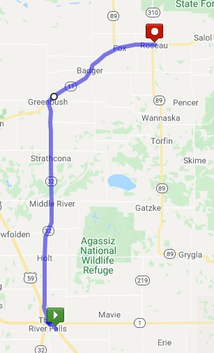 Map of the route from Thief River Falls, MN to Roseau, MN.