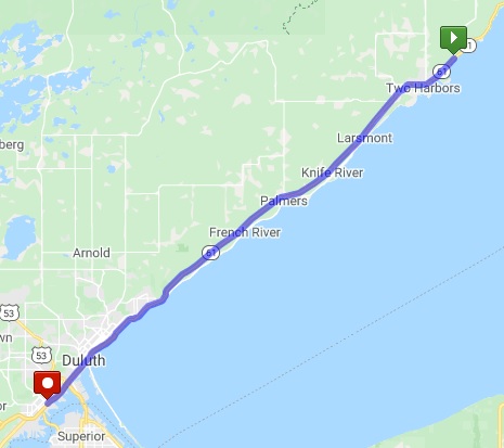 Map of the route from Betty's Pies to the Super 8 in Duluth, MN