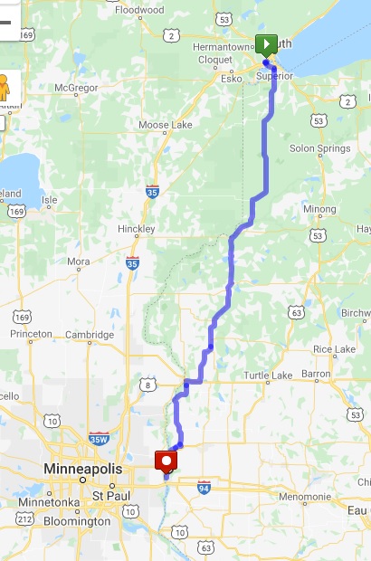 Map of the route from Duluth, MN to Hudson, WI