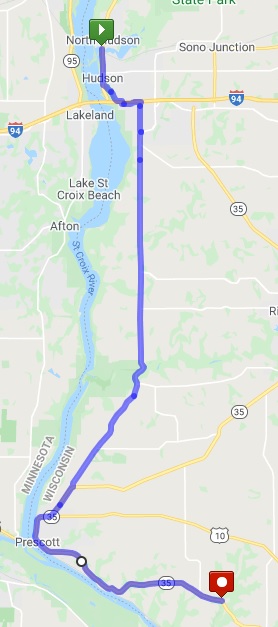 Map of the route from Hudson, WI to just south of Prescott, WI