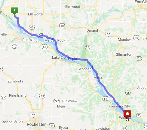 Map of the route from south of Prescott, WI to Winona, MN