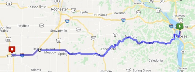 Map of highway 16 from La Crosse, WI to Austin, MN