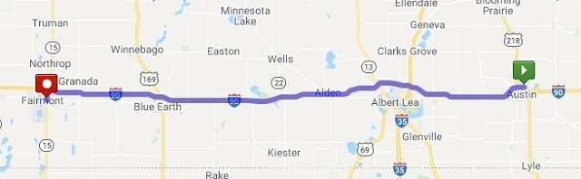 Map of interstate 90 from Austin, MN to Fairmont, MN