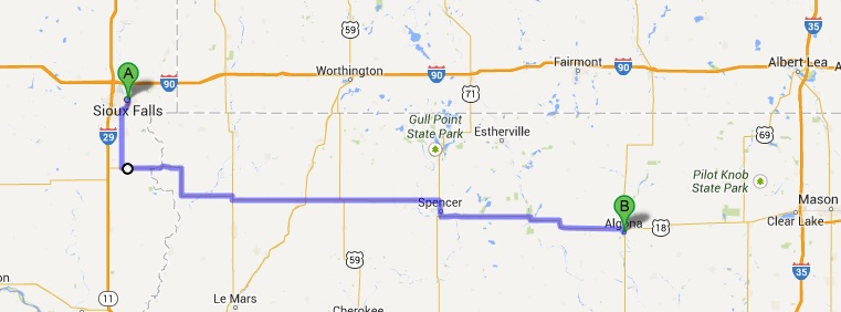 The first leg of the journey. Sioux Falls, SD to Mason City, IA.