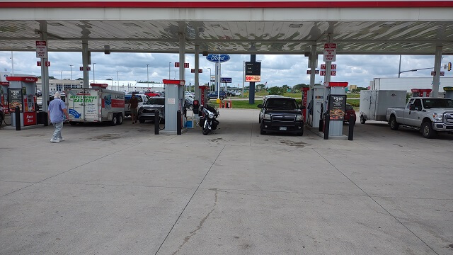 My motorcycle at the gas pump in Mason City, IA.