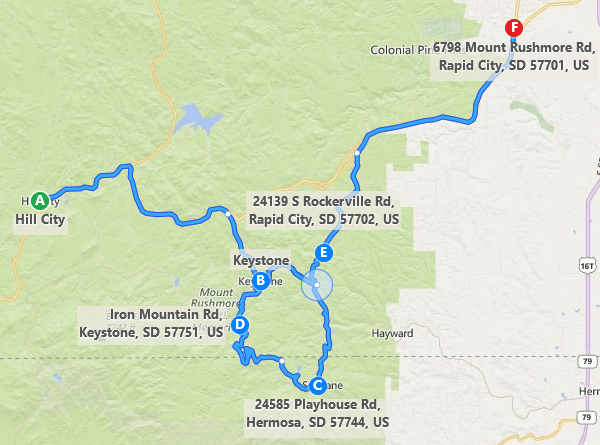 Hill City and back roads around Keystone, then up through Rockerville.