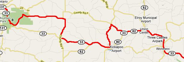 The route from Wonewoc to Wildcat Mountain.