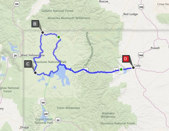 The route ridden in Yellowstone.