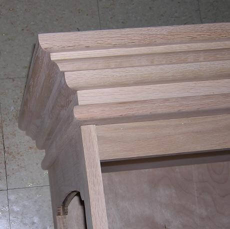 A closeup of the completed crown molding.
